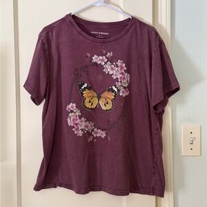 Lucky Brand Maroon Tee with Butterfly and Floral Design